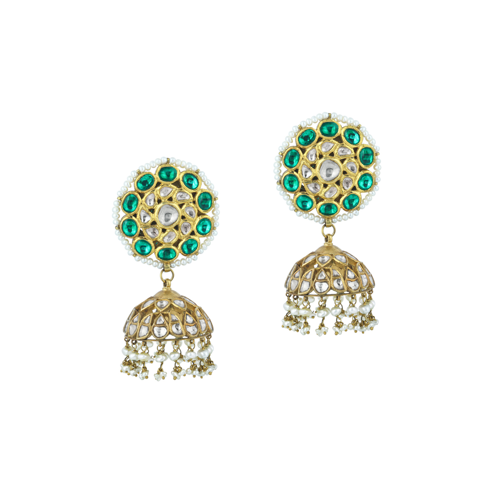 Polki Jhumka Earrings with Green stone and Pearl Borders